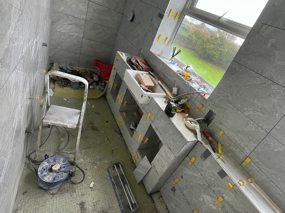 Bathroom under construction with first-fix pipework
