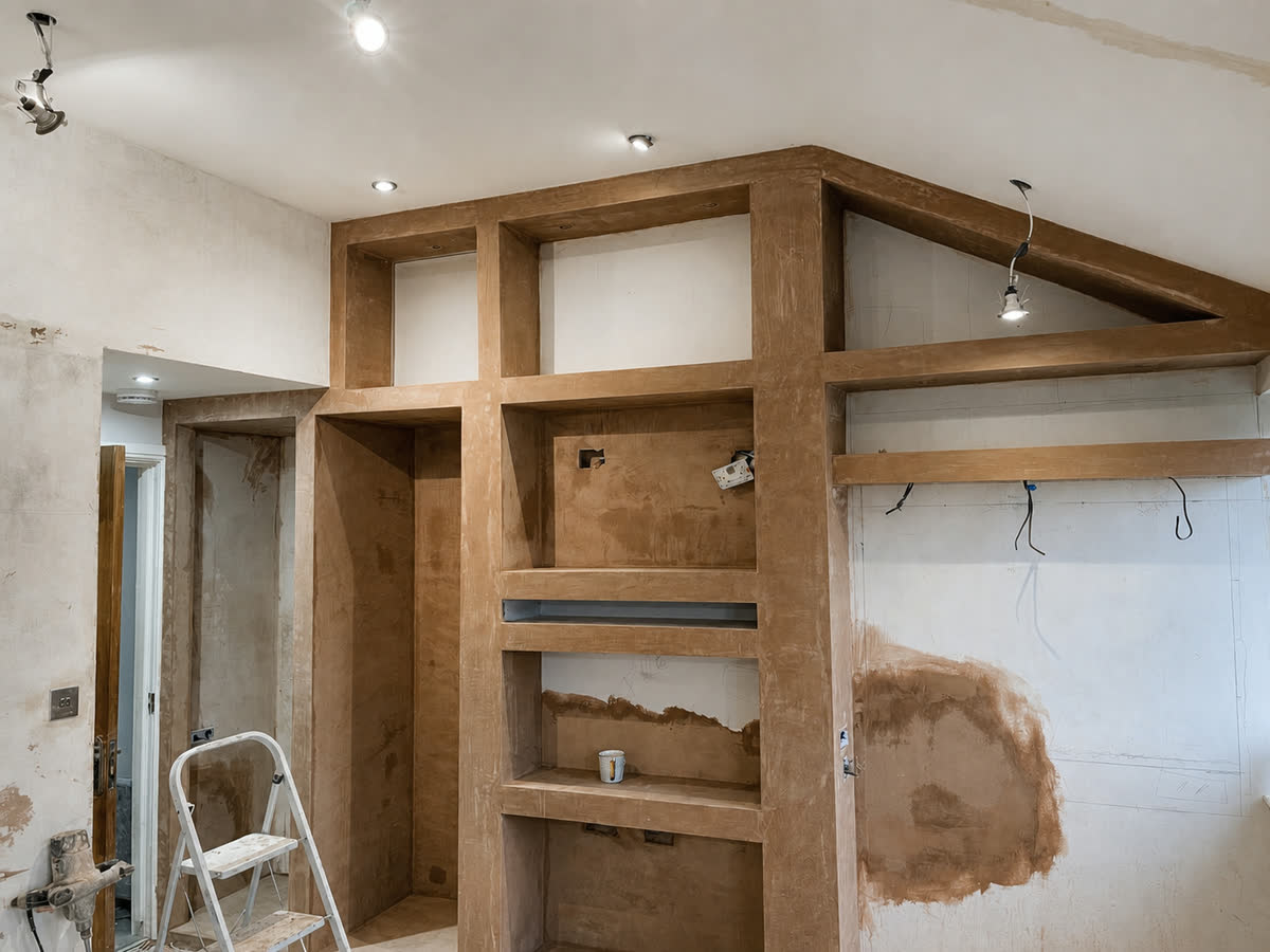 Timber framed built-in units under construction